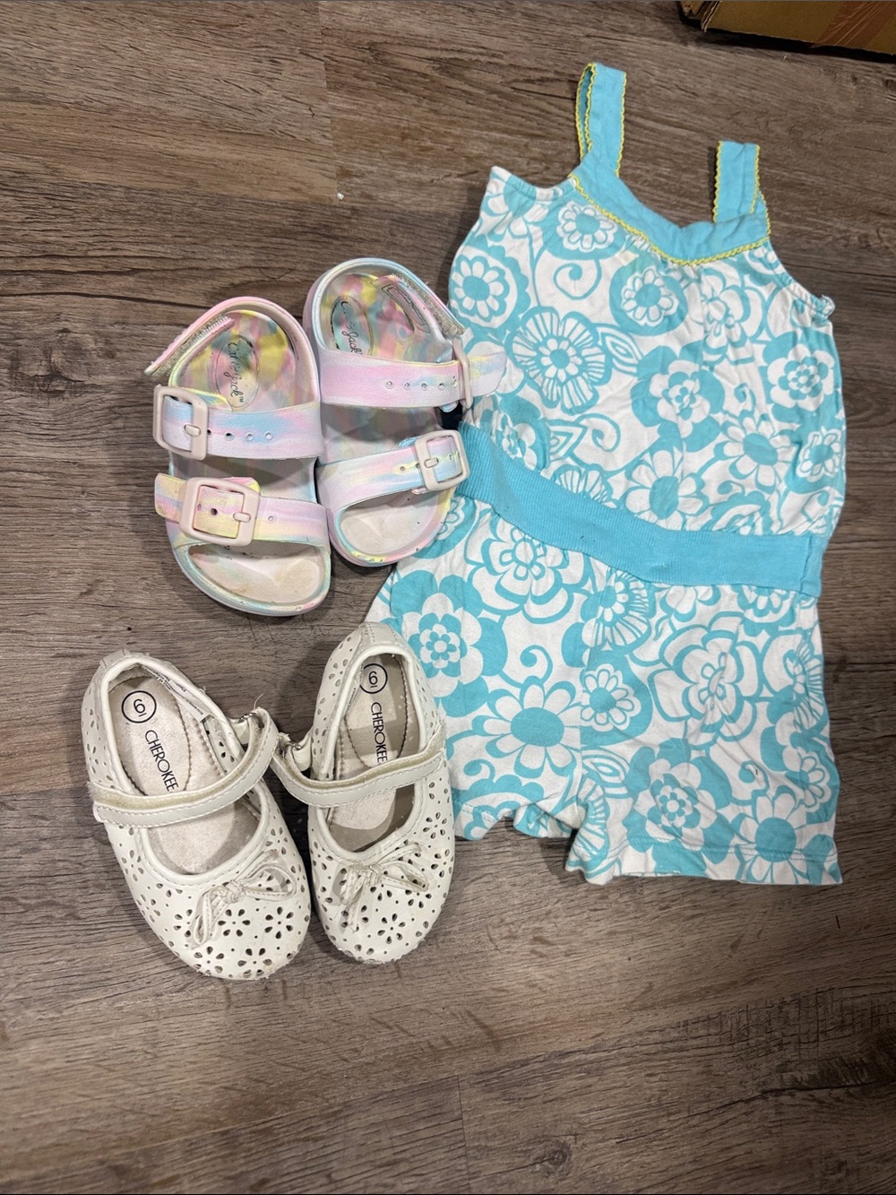 Set of romper and 2 pair toddler shoes Turquoise Pastel Buckle Sandals